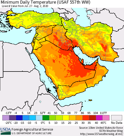 Middle East and Turkey Minimum Daily Temperature (USAF 557th WW) Thematic Map For 7/27/2020 - 8/2/2020