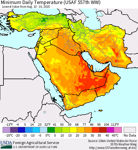 Middle East and Turkey Minimum Daily Temperature (USAF 557th WW) Thematic Map For 8/10/2020 - 8/16/2020