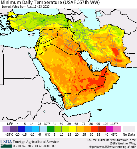 Middle East and Turkey Minimum Daily Temperature (USAF 557th WW) Thematic Map For 8/17/2020 - 8/23/2020