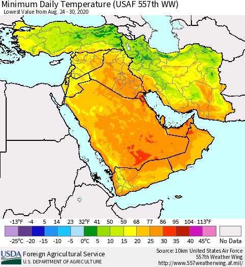 Middle East and Turkey Minimum Daily Temperature (USAF 557th WW) Thematic Map For 8/24/2020 - 8/30/2020