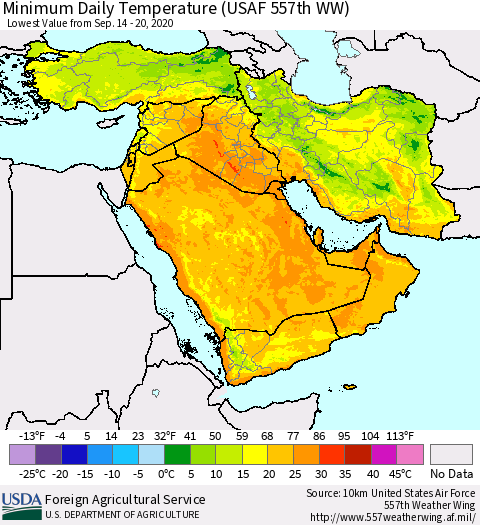 Middle East and Turkey Minimum Daily Temperature (USAF 557th WW) Thematic Map For 9/14/2020 - 9/20/2020