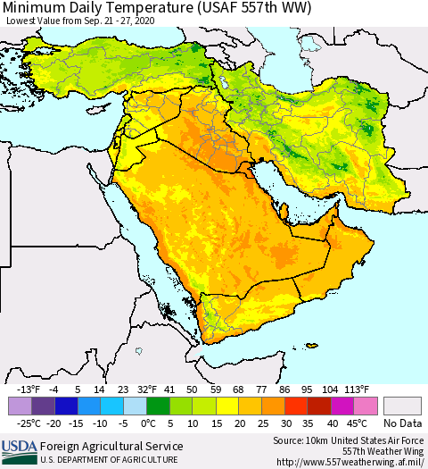 Middle East and Turkey Minimum Daily Temperature (USAF 557th WW) Thematic Map For 9/21/2020 - 9/27/2020
