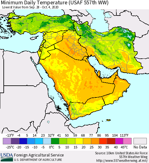 Middle East and Turkey Minimum Daily Temperature (USAF 557th WW) Thematic Map For 9/28/2020 - 10/4/2020