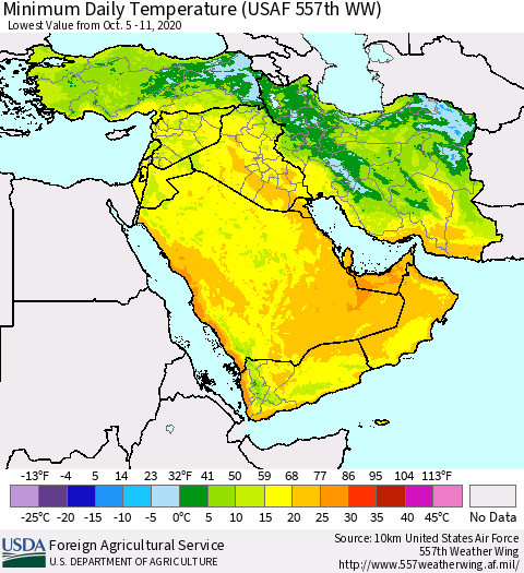 Middle East and Turkey Minimum Daily Temperature (USAF 557th WW) Thematic Map For 10/5/2020 - 10/11/2020