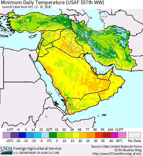 Middle East and Turkey Minimum Daily Temperature (USAF 557th WW) Thematic Map For 10/12/2020 - 10/18/2020