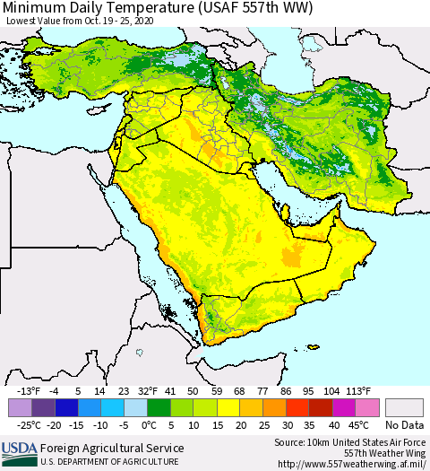 Middle East and Turkey Minimum Daily Temperature (USAF 557th WW) Thematic Map For 10/19/2020 - 10/25/2020