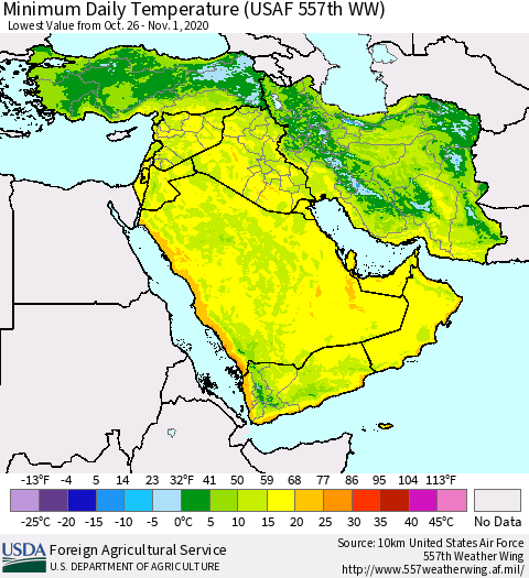 Middle East and Turkey Minimum Daily Temperature (USAF 557th WW) Thematic Map For 10/26/2020 - 11/1/2020