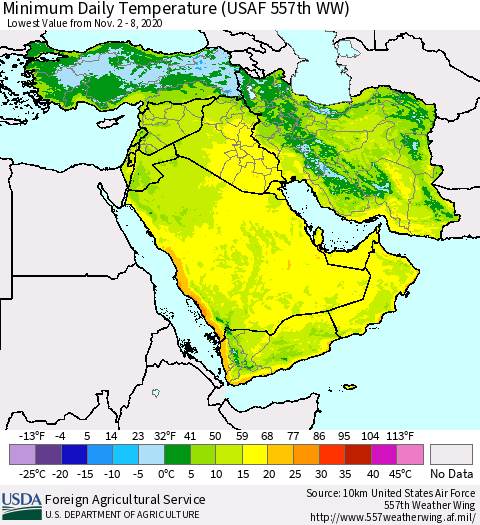 Middle East and Turkey Minimum Daily Temperature (USAF 557th WW) Thematic Map For 11/2/2020 - 11/8/2020