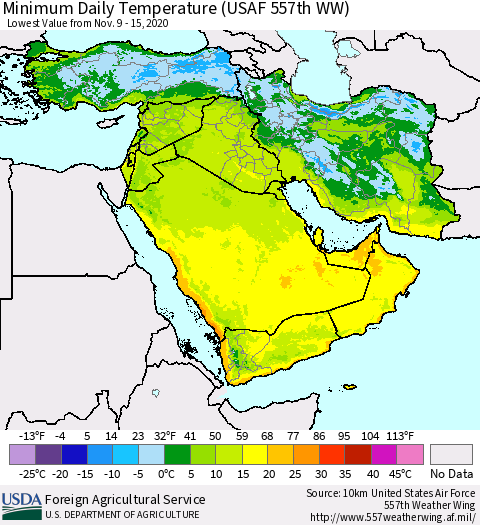 Middle East and Turkey Minimum Daily Temperature (USAF 557th WW) Thematic Map For 11/9/2020 - 11/15/2020