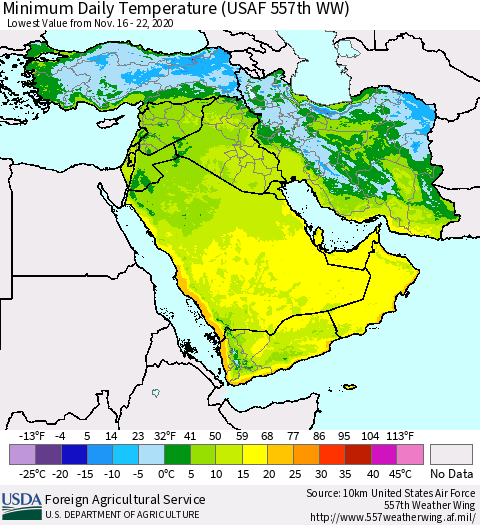 Middle East and Turkey Minimum Daily Temperature (USAF 557th WW) Thematic Map For 11/16/2020 - 11/22/2020