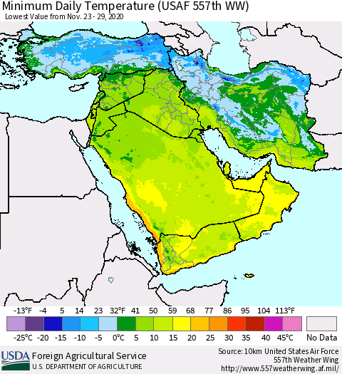 Middle East and Turkey Minimum Daily Temperature (USAF 557th WW) Thematic Map For 11/23/2020 - 11/29/2020