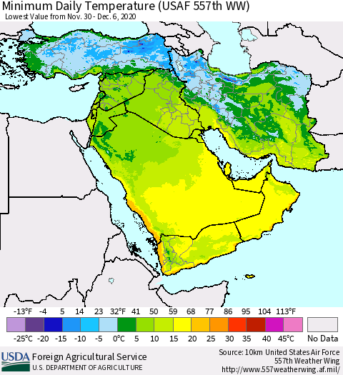 Middle East and Turkey Minimum Daily Temperature (USAF 557th WW) Thematic Map For 11/30/2020 - 12/6/2020