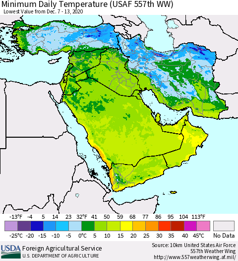 Middle East and Turkey Minimum Daily Temperature (USAF 557th WW) Thematic Map For 12/7/2020 - 12/13/2020
