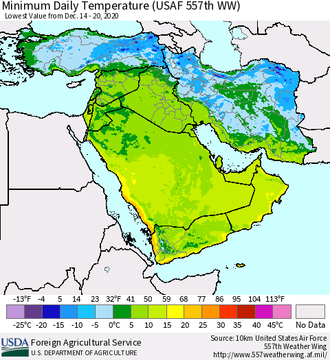 Middle East and Turkey Minimum Daily Temperature (USAF 557th WW) Thematic Map For 12/14/2020 - 12/20/2020