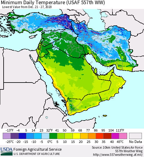 Middle East and Turkey Minimum Daily Temperature (USAF 557th WW) Thematic Map For 12/21/2020 - 12/27/2020