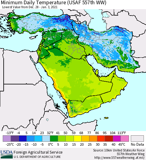 Middle East and Turkey Minimum Daily Temperature (USAF 557th WW) Thematic Map For 12/28/2020 - 1/3/2021