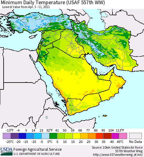 Middle East and Turkey Minimum Daily Temperature (USAF 557th WW) Thematic Map For 4/5/2021 - 4/11/2021