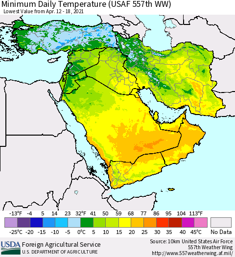 Middle East and Turkey Minimum Daily Temperature (USAF 557th WW) Thematic Map For 4/12/2021 - 4/18/2021