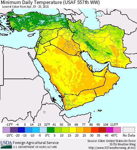 Middle East and Turkey Minimum Daily Temperature (USAF 557th WW) Thematic Map For 4/19/2021 - 4/25/2021