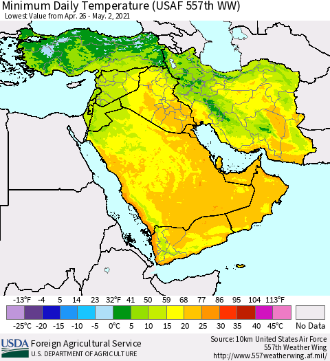 Middle East and Turkey Minimum Daily Temperature (USAF 557th WW) Thematic Map For 4/26/2021 - 5/2/2021