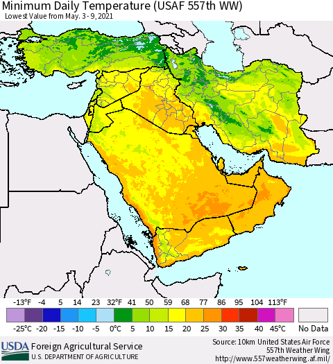 Middle East and Turkey Minimum Daily Temperature (USAF 557th WW) Thematic Map For 5/3/2021 - 5/9/2021