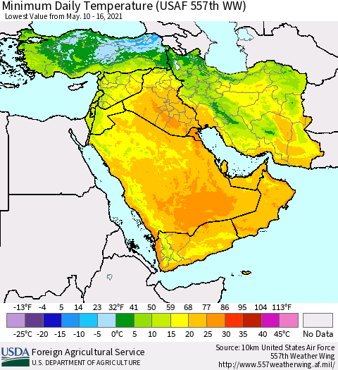 Middle East and Turkey Minimum Daily Temperature (USAF 557th WW) Thematic Map For 5/10/2021 - 5/16/2021