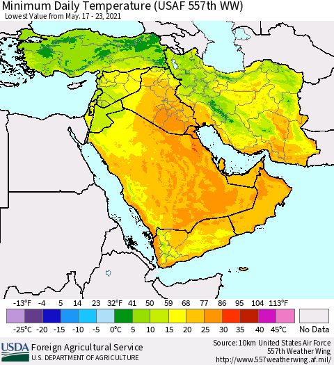 Middle East and Turkey Minimum Daily Temperature (USAF 557th WW) Thematic Map For 5/17/2021 - 5/23/2021