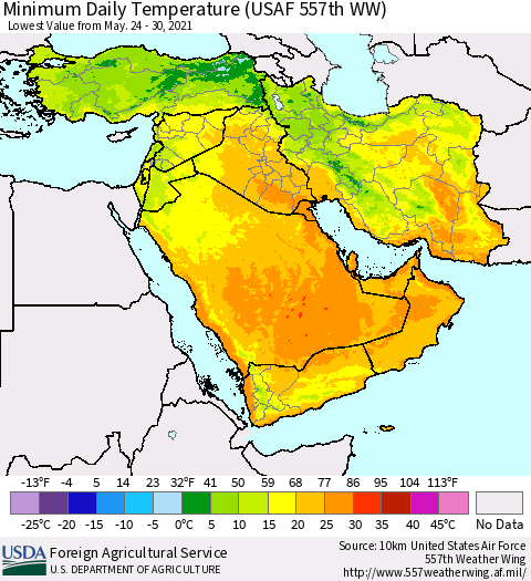 Middle East and Turkey Minimum Daily Temperature (USAF 557th WW) Thematic Map For 5/24/2021 - 5/30/2021