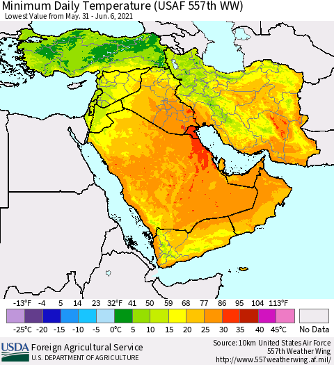 Middle East and Turkey Minimum Daily Temperature (USAF 557th WW) Thematic Map For 5/31/2021 - 6/6/2021