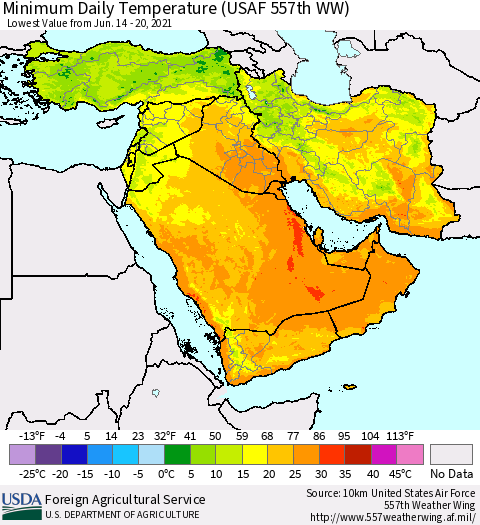 Middle East and Turkey Minimum Daily Temperature (USAF 557th WW) Thematic Map For 6/14/2021 - 6/20/2021