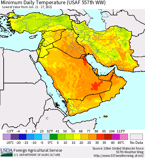 Middle East and Turkey Minimum Daily Temperature (USAF 557th WW) Thematic Map For 6/21/2021 - 6/27/2021