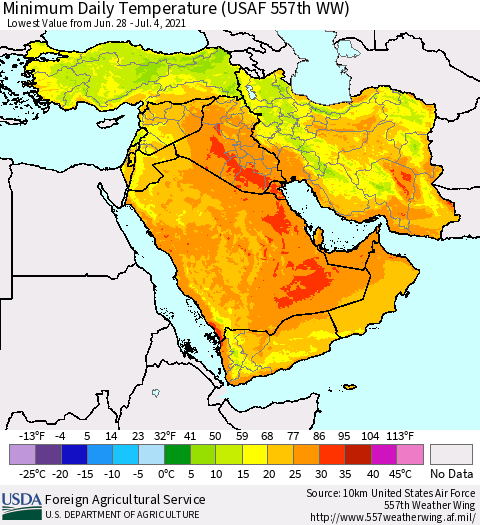Middle East and Turkey Minimum Daily Temperature (USAF 557th WW) Thematic Map For 6/28/2021 - 7/4/2021
