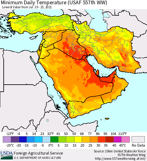 Middle East and Turkey Minimum Daily Temperature (USAF 557th WW) Thematic Map For 7/19/2021 - 7/25/2021