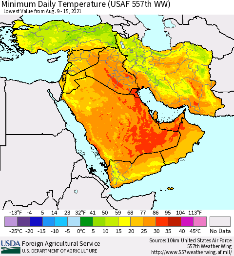 Middle East and Turkey Minimum Daily Temperature (USAF 557th WW) Thematic Map For 8/9/2021 - 8/15/2021