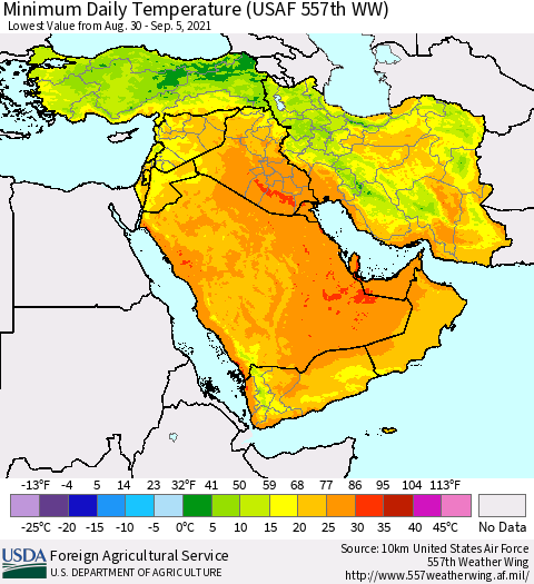 Middle East and Turkey Minimum Daily Temperature (USAF 557th WW) Thematic Map For 8/30/2021 - 9/5/2021
