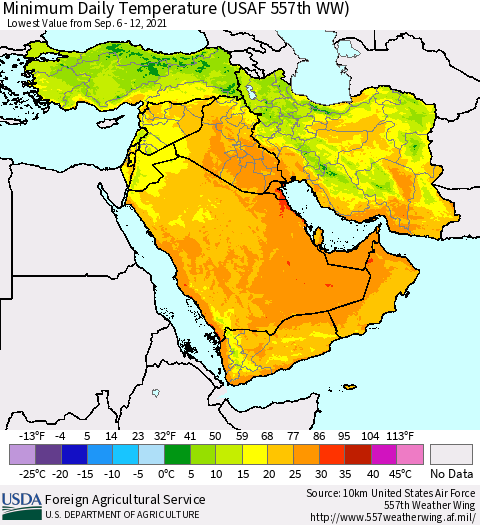Middle East and Turkey Minimum Daily Temperature (USAF 557th WW) Thematic Map For 9/6/2021 - 9/12/2021