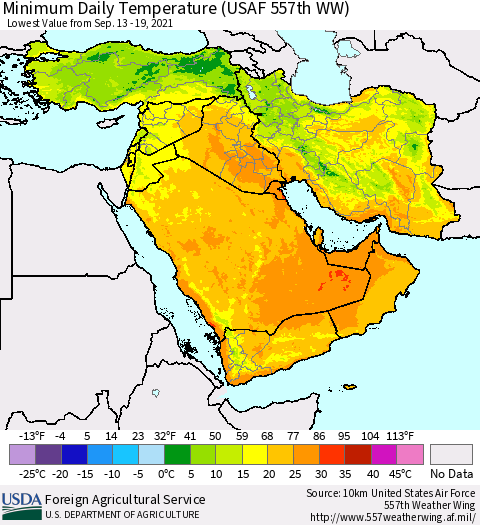 Middle East and Turkey Minimum Daily Temperature (USAF 557th WW) Thematic Map For 9/13/2021 - 9/19/2021