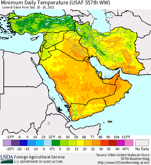 Middle East and Turkey Minimum Daily Temperature (USAF 557th WW) Thematic Map For 9/20/2021 - 9/26/2021