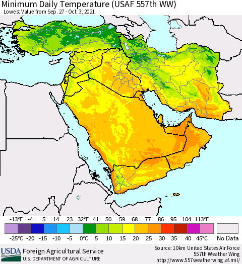 Middle East and Turkey Minimum Daily Temperature (USAF 557th WW) Thematic Map For 9/27/2021 - 10/3/2021