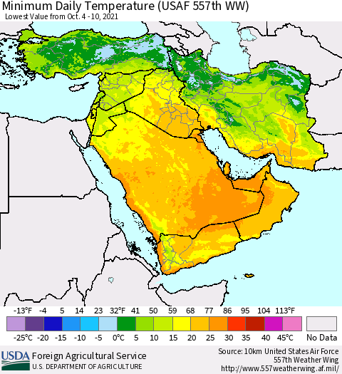 Middle East and Turkey Minimum Daily Temperature (USAF 557th WW) Thematic Map For 10/4/2021 - 10/10/2021