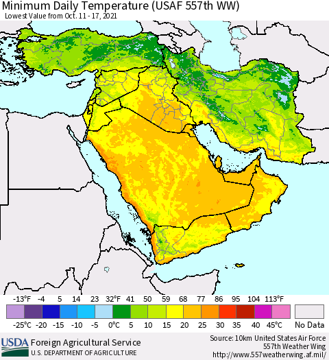 Middle East and Turkey Minimum Daily Temperature (USAF 557th WW) Thematic Map For 10/11/2021 - 10/17/2021