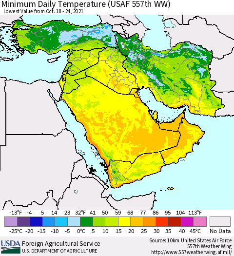 Middle East and Turkey Minimum Daily Temperature (USAF 557th WW) Thematic Map For 10/18/2021 - 10/24/2021