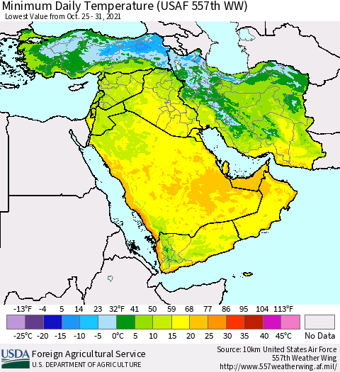 Middle East and Turkey Minimum Daily Temperature (USAF 557th WW) Thematic Map For 10/25/2021 - 10/31/2021