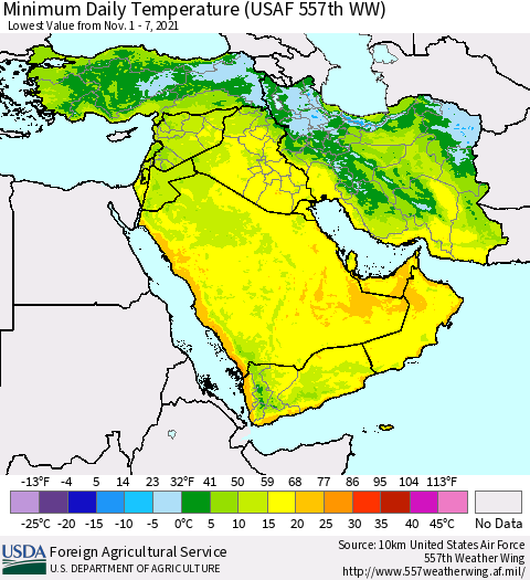 Middle East and Turkey Minimum Daily Temperature (USAF 557th WW) Thematic Map For 11/1/2021 - 11/7/2021