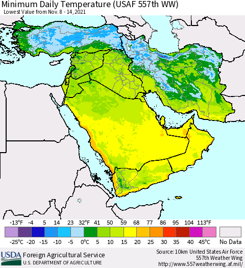 Middle East and Turkey Minimum Daily Temperature (USAF 557th WW) Thematic Map For 11/8/2021 - 11/14/2021