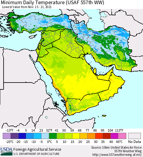 Middle East and Turkey Minimum Daily Temperature (USAF 557th WW) Thematic Map For 11/15/2021 - 11/21/2021