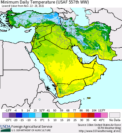 Middle East and Turkey Minimum Daily Temperature (USAF 557th WW) Thematic Map For 11/22/2021 - 11/28/2021