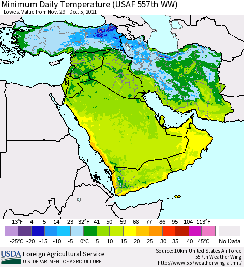 Middle East and Turkey Minimum Daily Temperature (USAF 557th WW) Thematic Map For 11/29/2021 - 12/5/2021