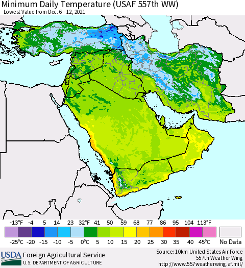 Middle East and Turkey Minimum Daily Temperature (USAF 557th WW) Thematic Map For 12/6/2021 - 12/12/2021