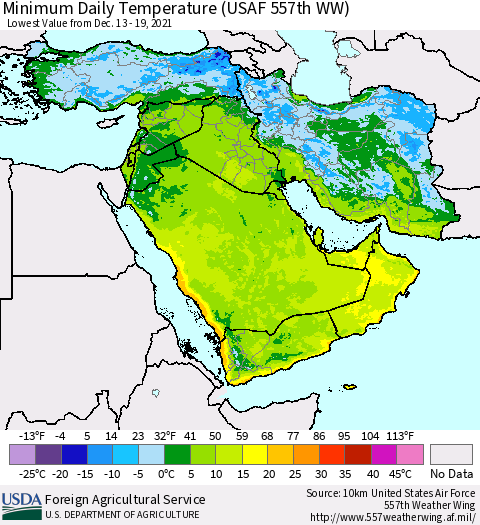 Middle East and Turkey Minimum Daily Temperature (USAF 557th WW) Thematic Map For 12/13/2021 - 12/19/2021